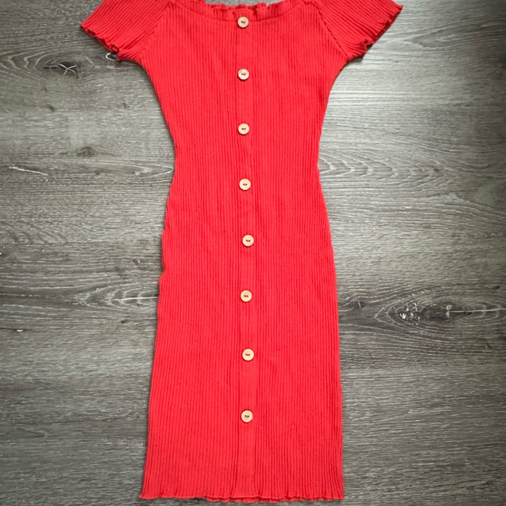 Red Rosie Harlow Button-Down Ribbed Dress (S)